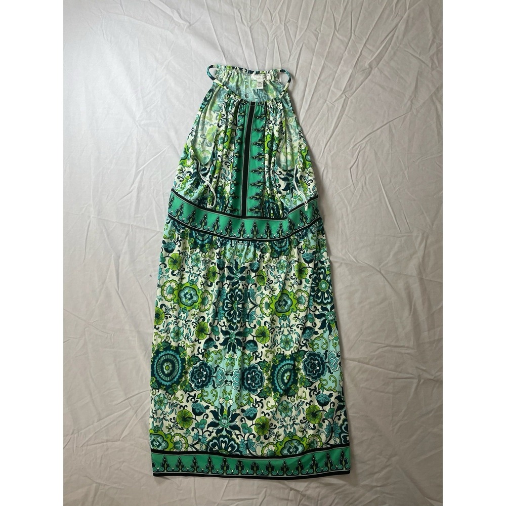 London Style Teal White Paisley Print Keyhole Halter Midi Dress Size 12P